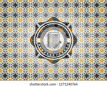 notebook with pencil icon inside arabesque emblem background. arabic decoration.