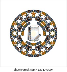 notebook with pencil icon inside arabesque emblem background. arabic decoration.