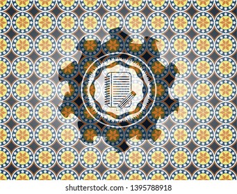 notebook with pencil icon inside arabesque style badge. arabic decoration.