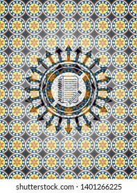 notebook with pencil icon inside arabesque style emblem. arabic decoration.