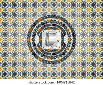 notebook with pencil icon inside arabesque style badge. arabic decoration.