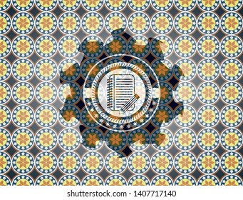 notebook with pencil icon inside arabesque emblem background. arabic decoration.
