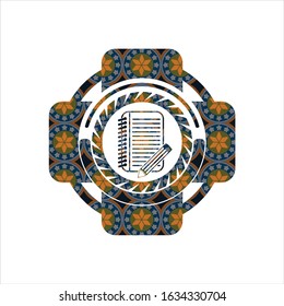 notebook with pencil icon inside arabesque emblem. arabic decoration.