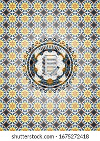 notebook with pencil icon inside arabesque badge. arabic decoration.