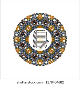 notebook with pencil icon inside arabic emblem background. Arabesque decoration.