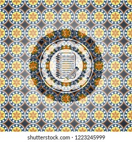 notebook with pencil icon inside arabic badge. Arabesque decoration.