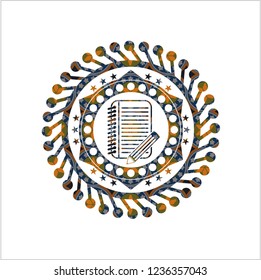 notebook with pencil icon inside arabic style badge. Arabesque decoration.