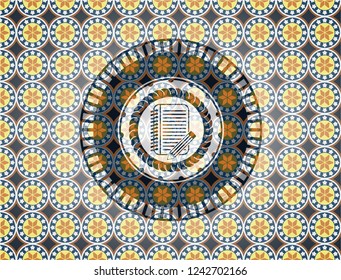 notebook with pencil icon inside arabic emblem. Arabesque decoration.