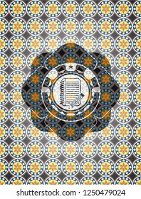 notebook with pencil icon inside arabic emblem background. Arabesque decoration.