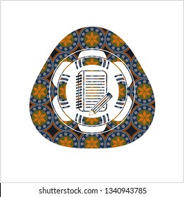notebook with pencil icon inside arabic emblem background. Arabesque decoration.