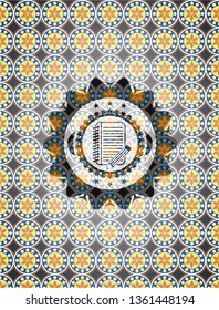 notebook with pencil icon inside arabic emblem background. Arabesque decoration.