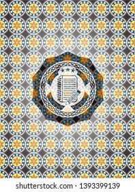 notebook with pencil icon inside arabic badge. Arabesque decoration.