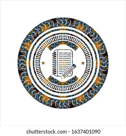 notebook with pencil icon inside arabic style badge. Arabesque decoration.