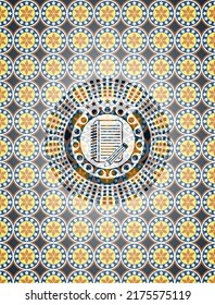 notebook with pencil icon inside arabic badge. Arabesque decoration. 