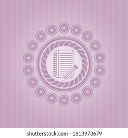 notebook with pencil icon inside badge with pink background