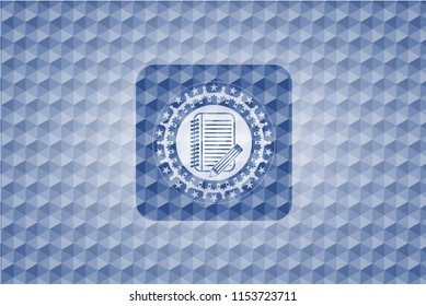 notebook with pencil icon inside blue emblem with geometric pattern background.