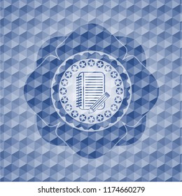 notebook with pencil icon inside blue emblem with geometric pattern.