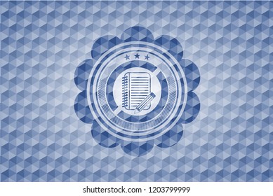 notebook with pencil icon inside blue emblem with geometric pattern background.