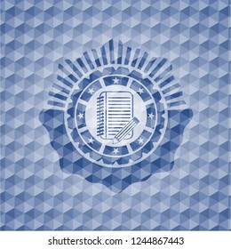 notebook with pencil icon inside blue emblem or badge with abstract geometric polygonal pattern background.