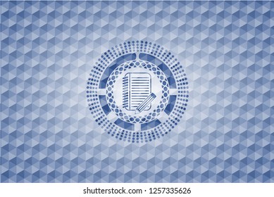 notebook with pencil icon inside blue polygonal badge.