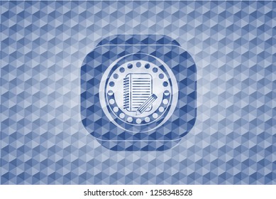notebook with pencil icon inside blue polygonal badge.