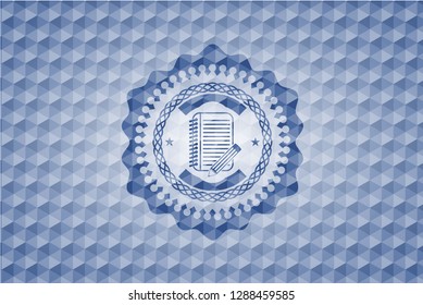 notebook with pencil icon inside blue polygonal badge.