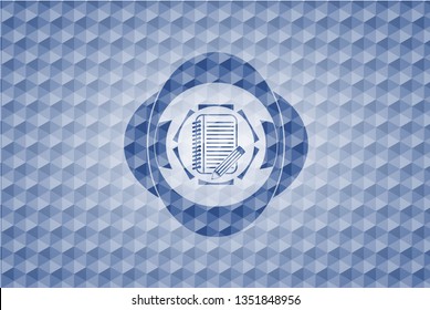 notebook with pencil icon inside blue polygonal emblem.