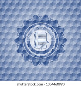 notebook with pencil icon inside blue polygonal emblem.