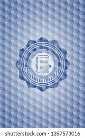 notebook with pencil icon inside blue emblem or badge with geometric pattern background.