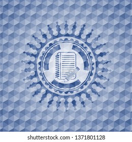 notebook with pencil icon inside blue badge with geometric pattern background.