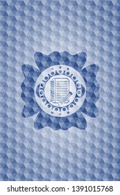 notebook with pencil icon inside blue emblem with geometric pattern background.