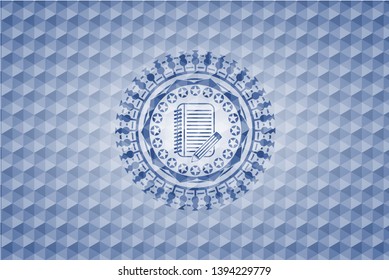 notebook with pencil icon inside blue hexagon emblem.