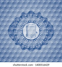 notebook with pencil icon inside blue emblem or badge with geometric pattern background.