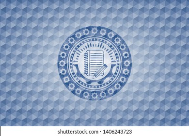 notebook with pencil icon inside blue badge with geometric pattern background.