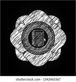 notebook with pencil icon inside chalk emblem