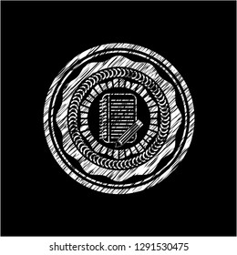 notebook with pencil icon inside chalkboard emblem on black board