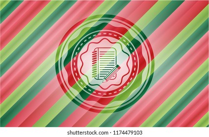 notebook with pencil icon inside christmas style emblem.