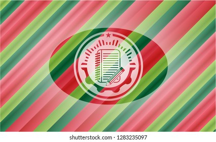 notebook with pencil icon inside christmas colors badge.