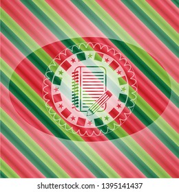 notebook with pencil icon inside christmas emblem background.