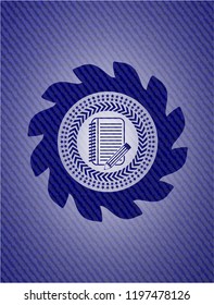 notebook with pencil icon inside emblem with jean texture