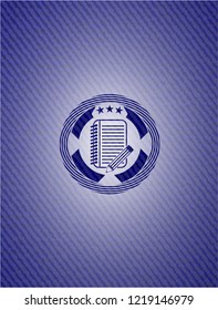 notebook with pencil icon inside emblem with denim texture