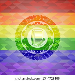 notebook with pencil icon inside emblem on mosaic background with the colors of the LGBT flag