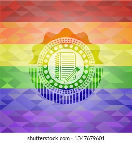 notebook with pencil icon inside emblem on mosaic background with the colors of the LGBT flag