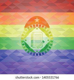notebook with pencil icon inside emblem on mosaic background with the colors of the LGBT flag