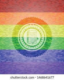 notebook with pencil icon inside emblem on mosaic background with the colors of the LGBT flag