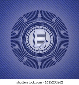 notebook with pencil icon inside emblem with jean texture