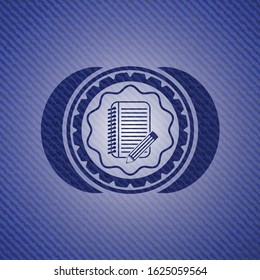 notebook with pencil icon inside emblem with jean background