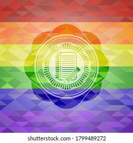 notebook with pencil icon inside emblem on mosaic background with the colors of the LGBT flag. 