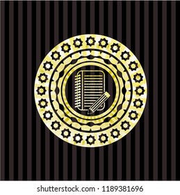 notebook with pencil icon inside gold emblem or badge