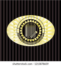 notebook with pencil icon inside gold shiny emblem